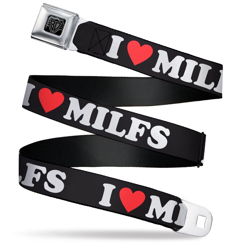 8094 Belt, Seatbelt Buckle Belt, I Heart MILFS Black White Red, 32 to 52